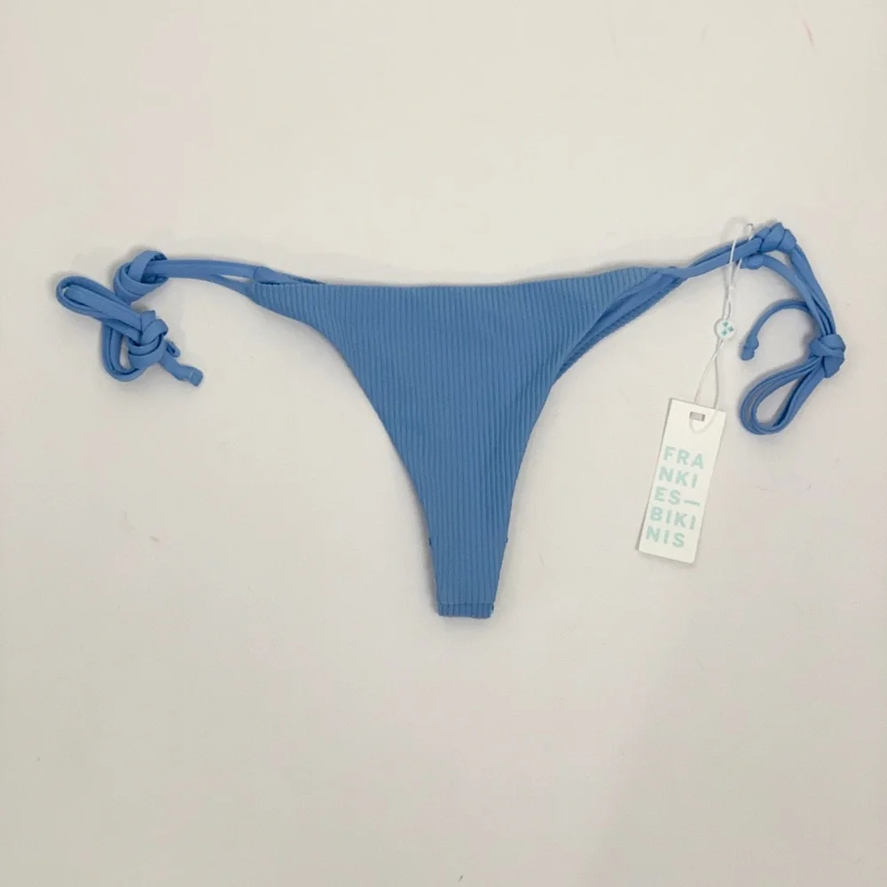 Frankie’s Bikinis Blue Sky Ribbed Side Tie Bottoms Sz L